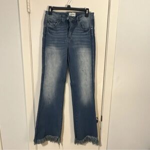 Tricot Women's Wide-Leg Frayed Hem Stretch Jeans Blue Denim Button Zip 5-Pocket